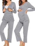 Momnfancy Solid V-Neck Long Sleeve Long Nuring Maternity Pajama Set
