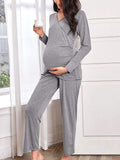 Momnfancy Solid V-Neck Long Sleeve Long Nuring Maternity Pajama Set