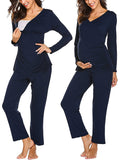 Momnfancy Solid V-Neck Long Sleeve Long Nuring Maternity Pajama Set