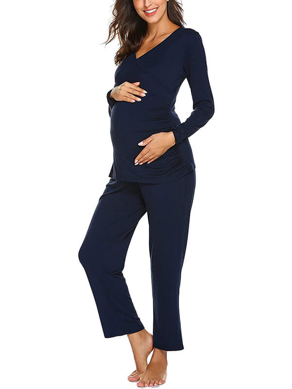 Momnfancy Solid V-Neck Long Sleeve Long Nuring Maternity Pajama Set