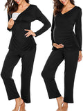 Momnfancy Solid V-Neck Long Sleeve Long Nuring Maternity Pajama Set