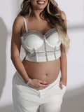 Momnfancy White Rhinestone Adjusted Spaghetti Strap Fashion Party Photoshoot Maternity Crop Top