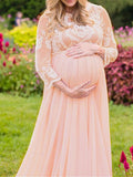 Momnfancy White Lace Long Sleeve Floor Length Photoshoot Maternity Maxi Dress