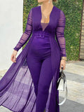 Momnfancy Tulle V-neck Long Sleeve Bodycon Plus Size Maternity Jumpsuit