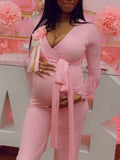 Momnfancy Sashes V-Neck Solid Color Long Sleeve Bodycon Gender Reveal Baby Shower Maternity Jumpsuit