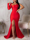 Momnfancy Solid One-shoulder Backless Side Slit Bodycon Long Sleeve Maternity Party Maxi Dress