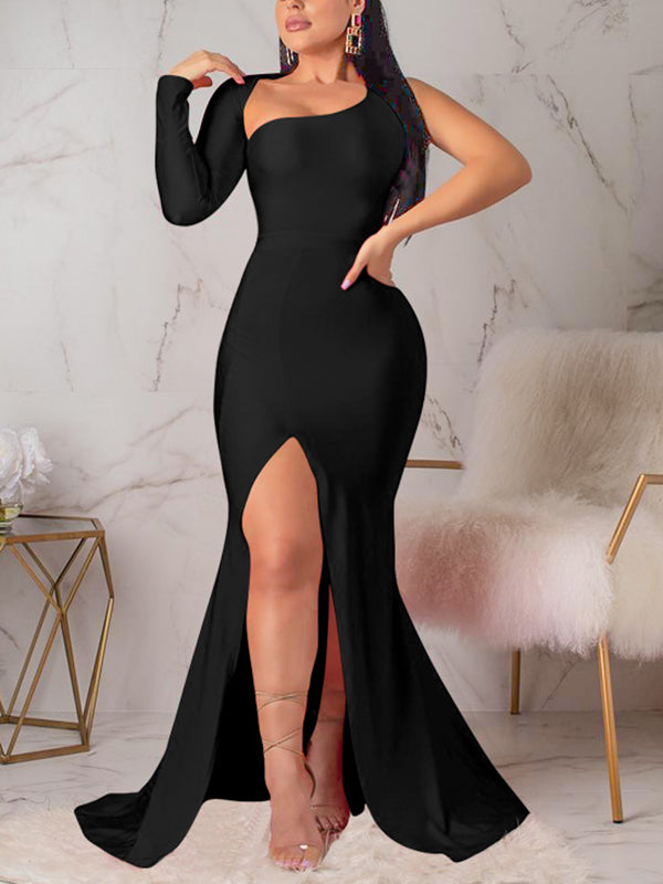 Momnfancy Solid One-shoulder Backless Side Slit Bodycon Long Sleeve Maternity Party Maxi Dress