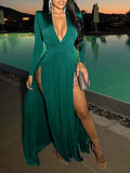 Momnfancy Solid Double Slit Flowy Deep V-neck Long Sleeve Maternity Maxi Dress