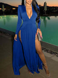 Momnfancy Solid Double Slit Flowy Deep V-neck Long Sleeve Maternity Maxi Dress