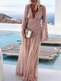 Momnfancy Sequin Deep V-neck Flare Sleeve Glitter Party Maternity Maxi Dress