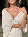Momnfancy Striped Off Shoulder Sheer Flowy Plunging Neckline Elegant Maternity Photoshoot Dress