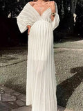 Momnfancy Striped Off Shoulder Sheer Flowy Plunging Neckline Elegant Maternity Photoshoot Dress