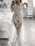 Momnfancy Leaves Lace Bodycon Floor Length Plunging Neckline Elegant White Maternity Dress