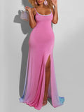 Momnfancy Gradient Color Spaghetti Strap Slit Baby Shower Maternity Maxi Dress