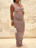 Momnfancy Ruched Bodycon Sleeveless Solid Baby Shower Plus Size Maternity Maxi Dress