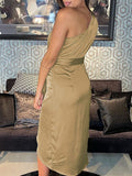 Momnfancy One Shoulder Belt Sleeveless Bodycon Side Slit Belted Satin Ruched Party Maternity Midi Dress