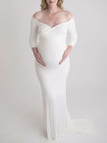 Momnfancy Off Shoulder Fitted V-neck Long Sleeve Baby Shower Maternity Maxi Dress