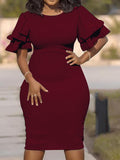 Momnfancy Ruffle Bodycon Plus Size Round Neck Short Sleeve Maternity Midi Dress