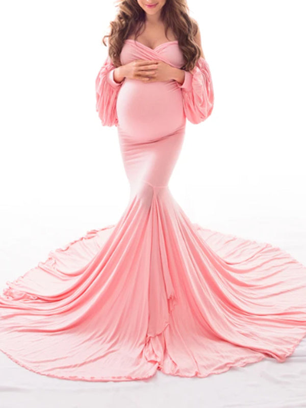 Momnfancy Bodycon Off Shoulder Slit Mermaid Baby Shower Maternity Maxi Dress