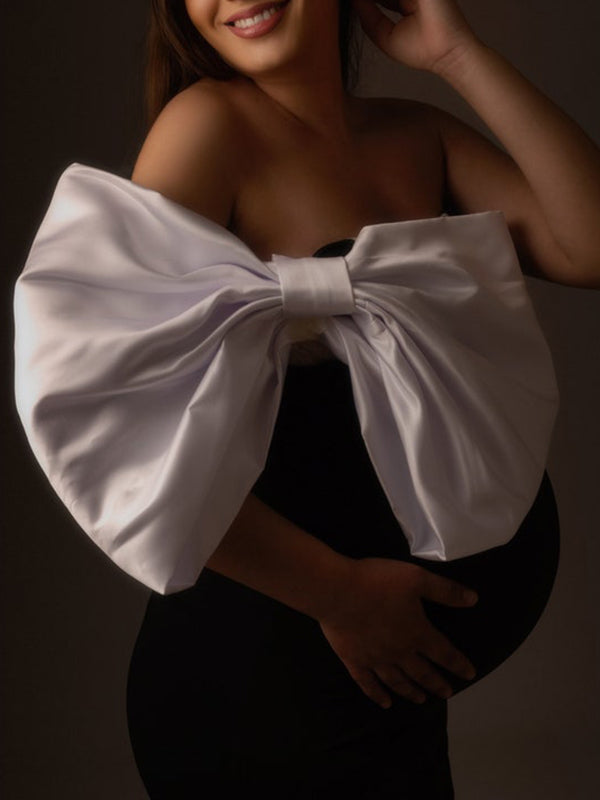 Momnfancy Off Shoulder Bandeau Backless Bowknot Cute Baby Shower Bodycon Maternity Mini Dress