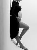 Momnfancy Black One Sleeve Cut Out Side Slit Fashion Photoshoot Maternity Midi Dress