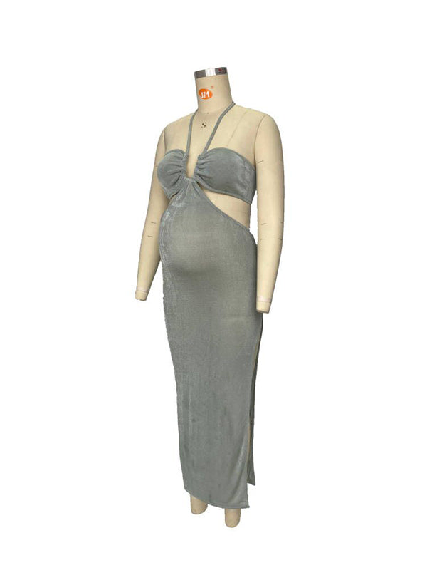 Momnfancy Green Side Slit Halter Neck Bodycon Elegant Babyshower Maternity Photoshoot Maxi Dress