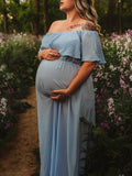 Momnfancy Baby Blue Ruffle Off Shoulder Side Slit Flowy Baby Shower Gown Elegant Maternity Photoshoot Maxi Dress