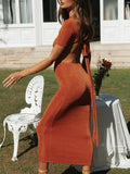 Momnfancy Orange Cut Out Backless Tie Back Baby Shower Fashion Maternity Midi Dress