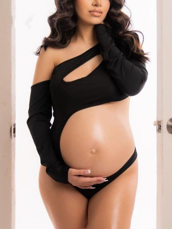 Momnfancy Black Bodycon Irregular Cutout Chic Modern Fashion Maternity Photoshoot Jumpsuit