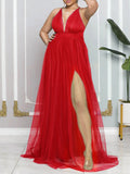 Momnfancy Solid Grenadine Backless Slit Photoshoot Tulle Flowy Maternity Maxi Dress
