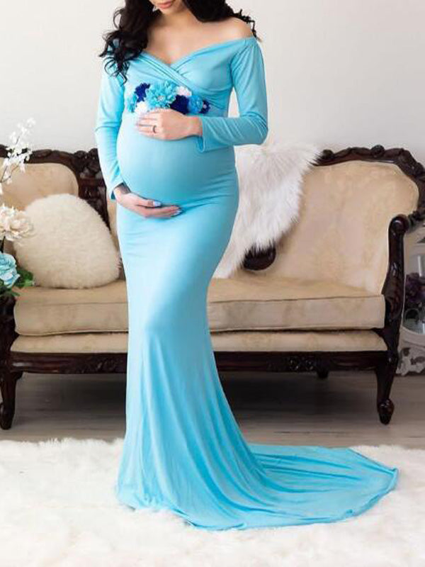 Momnfancy Off Shoulder Draped Mermaid Photoshoot Maternity Maxi Dress