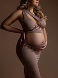 Momnfancy Brown Irregular Cut Out Crop One Shoulder Bodycon Chic Club Party Maternity Photoshoot Maxi Dress