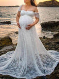 Momnfancy Ruffle Lace Draped Off Shoulder For Babyshower Maternity Maxi Dress