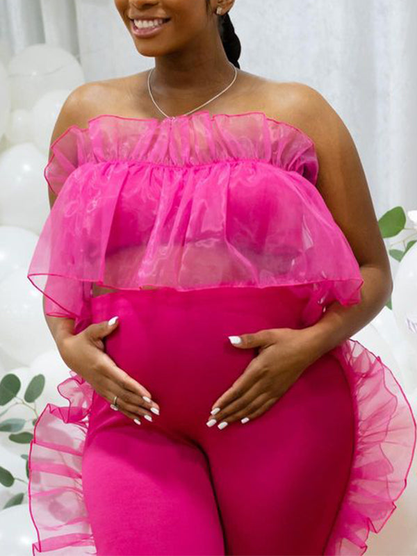 Momnfancy Pink Tulle Bandeau 2-in-1 Crop Ruffle Cute Bodycon Plus Size Baby Shower Maternity Jumpsuit