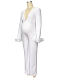 Momnfancy Solid Color Sashes Oblique Shoulder Irregular Collar Maternity Jumpsuit