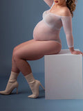 Momfancy White Off Shoulder Sparkly Maternity Photoshoot Body Rhinestones Crystal Bodysuit
