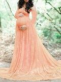 Momnfancy Lace Off Shoulder Long Sleeve Baby Shower Maternity Photoshoot Maxi Dress