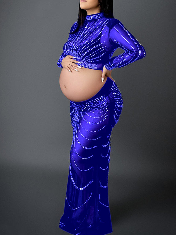 Momnfancy Hot Drilling Mesh Two Piece Long Sleeve Evening Maternity Photoshoot Maxi Dress