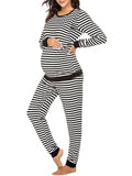 Momnfancy Striped Round Neck Long Sleeve Nursing Maternity Long Pajama Set