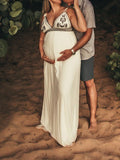 Momnfancy White Embroidery Spaghetti Strap Backless Photoshoot Flowy Boho Maternity Maxi Dress