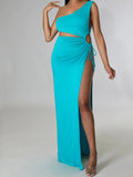 Momnfancy Blue Oblique Shoulder Drawstring Side Slit Cut Out Babyshower Maternity Maxi Dress