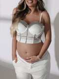 Momnfancy White Rhinestone Adjusted Spaghetti Strap Fashion Party Photoshoot Maternity Crop Top