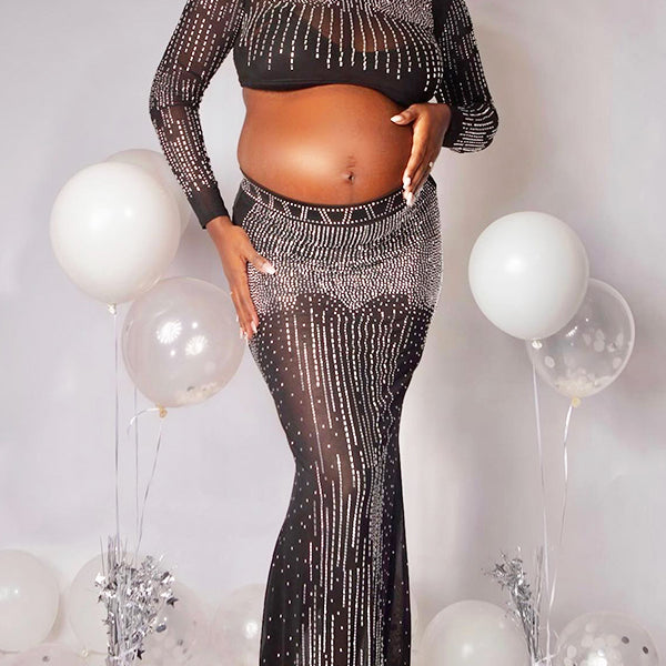 Momnfancy Black Mesh Two Piece Bodycon Diamond Photoshoot Plus Size Elegant Maternity Maxi Dress