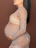 Momnfancy Mesh Rhinestone Pearl Tassel Irregular Bodycon Photoshoos Maternity Mini Dress