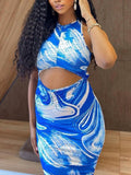 Momnfancy Blue Tie dye Cut Out Crop Backless Bodycon Baby Shower Club Fashion Maternity Gender Reveal Party Maxi Dress