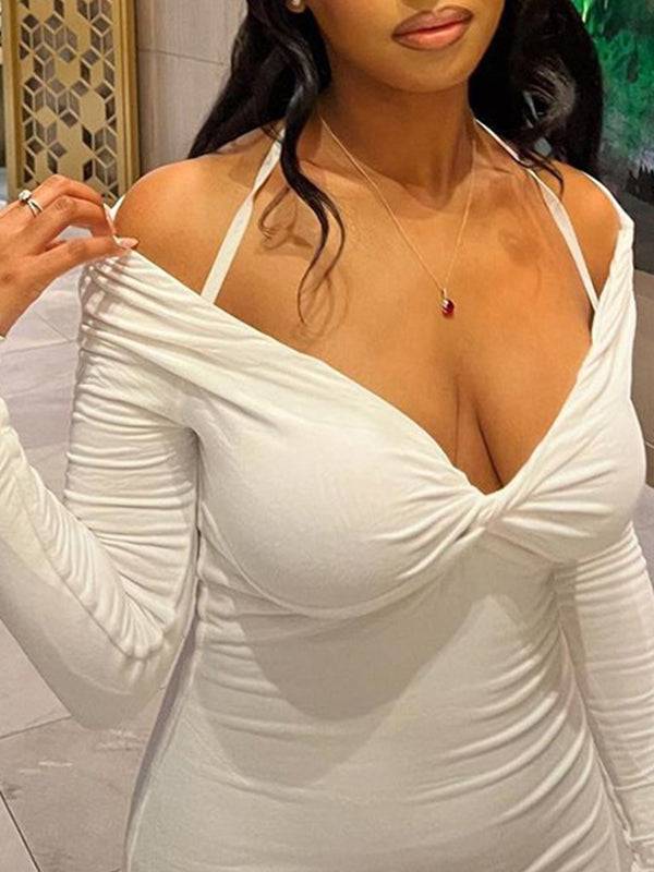 Momnfancy White Ruched Slit Cross Chest Off Shoulder Spaghetti Straps Halter Neck Bodycon Chic Maternity Baby Shower Party Maxi Dress