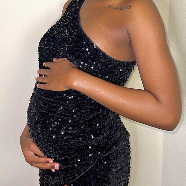 Momnfancy Black Slit Sequin Photoshoot Sparkly Off Shoulder Maternity Maxi Dress