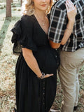 Momnfancy Black Falbala Drawstring Single Breasted Front Slit Elegant Chic Babyshower Maternity Maxi Photoshoot Dress