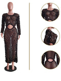 Momnfancy Black Sequin Knitting Cut Out Crop Plus Size Vacation Photoshoot Maternity Maxi Dress