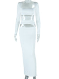 Momnfancy White Two Peice Irregular Cut Out Crop Square Neck Bodycon 2-in-1 Chic Maternity Photoshoot Maxi Dress